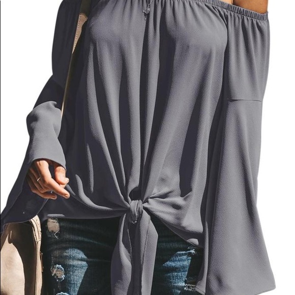 So cute! Grey long sleeve off the shoulder top! - Picture 5 of 5
